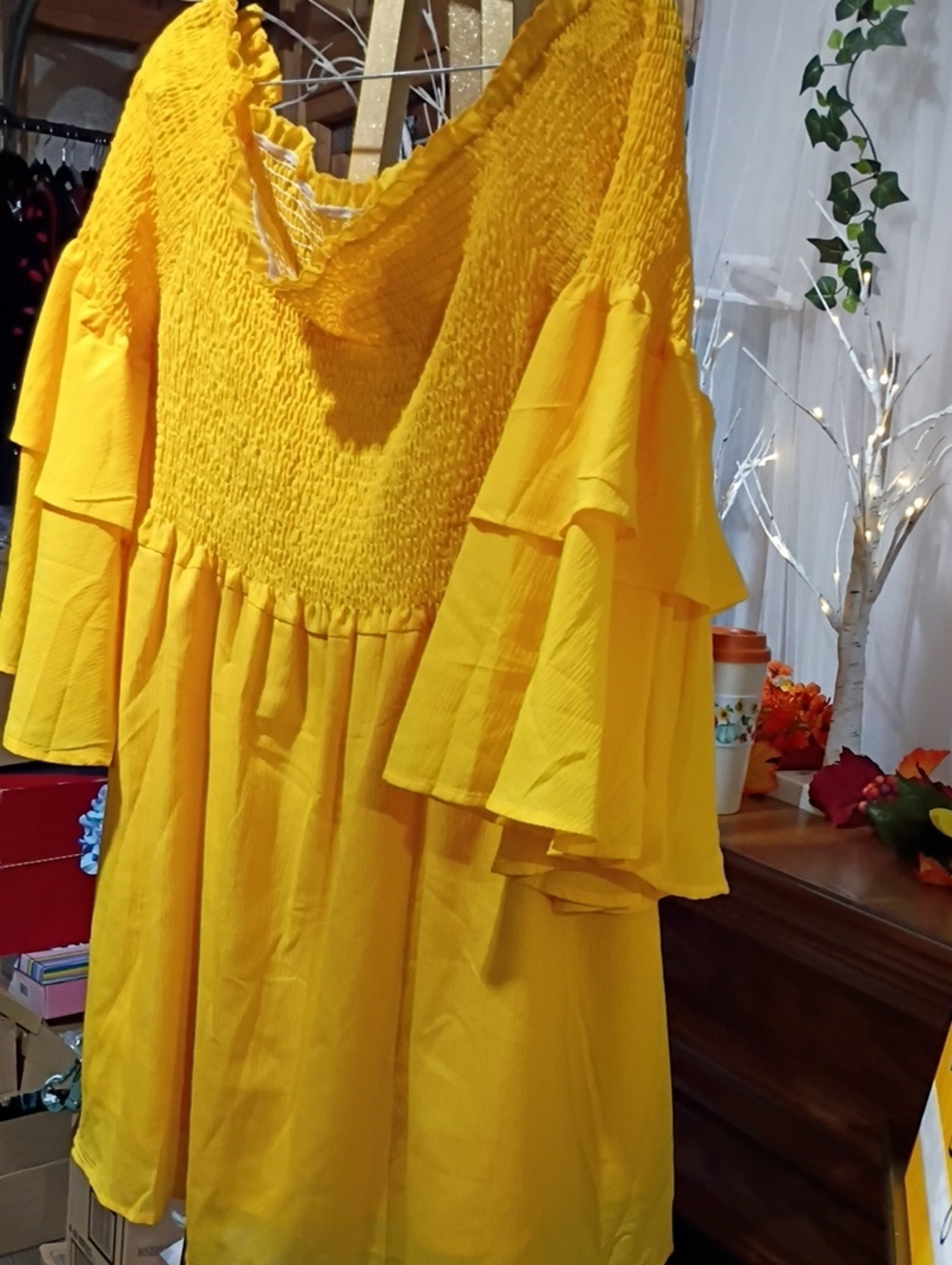 SHEIN Yellow Smocked Ruffle Sleeve Off The Shoulder Dress/Top